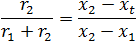 r_2/(r_1+r_2 )=(x_2-x_t)/(x_2-x_1 )