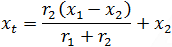 x_t=(r_2 (x_1-x_2 ))/(r_12+r_2 )+x_2