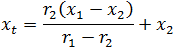 x_t=(r_2 (x_1-x_2 ))/(r_1-r_2 )+x_2