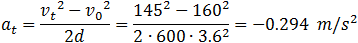 a=(v_t^2-v_0^2)/2d=(110^2-160^2)/(2∙500∙3.6^2 )=-1.04  m/s^2