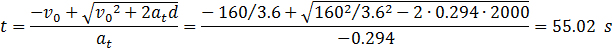 t=(-v_0±√(v_0^2+2ad))/a=(-160⁄3.6+√(160^2⁄3.6^2 -2∙0.29∙2000))/(-0.29)=54.78 s