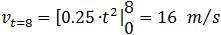 v_(t=8)=[0.25∙┤ ├ t^2 ┤| ■(8@0)=16   m⁄s