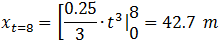 x_(t=8)=[0.25/3∙┤ ├ t^3 ┤| ■(8@0)=42.7  m