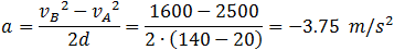 a=(v_B^2-v_A^2)/2d=(1600-2500)/(2∙120)=-3.75  m/s^2