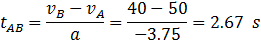 t_AB=(v_B-v_A)/a=(40-50)/(-3.75)=2.67  s