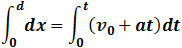∫_0^d▒dx=∫_0^t▒(v_0+at)dt