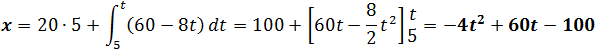 x=50∙4+∫_4^t▒(90-10t)  dt=200+[90t-10/2 t^2 ] ■(t_x@4)=-5〖t_x〗^2+90t_x-80