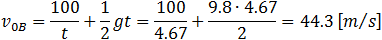 v_0B=100/t+1/2 gt=100/4.67+(9.8∙4.67)/2=44.3 [m⁄s]