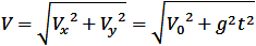 V=√(V_x^2+V_y^2 )=√(V_0^2+g^2 t^2 )