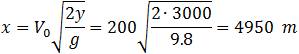 x=V_0 √(2y/g)=200√((2∙3000)/9.8)=4950  m