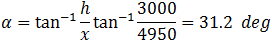 α=tan^(-1)h/x tan^(-1)3000/4950=31.2 deg