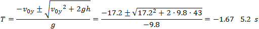 T=(-v_0y±√(v_0y^2+2gh))/g=(-17.2±√(17.2^2+2∙9.8∙43))/(-9.8)=-1.67  5.2 s
