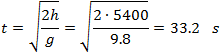 t=√(2h/g)=√((2∙5400)/9.8)=33.2 s