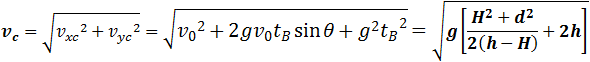v_c=√(v_xc^2+v_yc^2 )=√(v_0^2  cos^2⁡θ+v_0^2  sin^2⁡θ+gv_0 t_B  sin⁡θ+g^2t_B^2 )