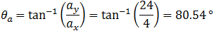 θ_a=tan^(-1)⁡(a_y/a_x )=tan^(-1)⁡(24/4)=80.54 °