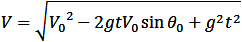 V=√(V_0^2-2gtV_0  sinθ_0+g^2 t^2 )