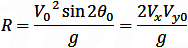 R=(V_0^2  sin2θ_0)/g=(2V_x V_y0)/g