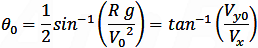 θ_0=1/2sin^(-1)⁡(-(R g)/V_0^2 )=tan^(-1)⁡(V_y0/V_x )