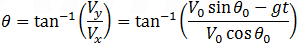 θ=tan^(-1)⁡(V_y/V_x )=tan^(-1)⁡((V_0  sin⁡θ_0+gt)/(V_0  cosθ_0 ))