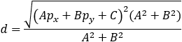 d=√((Ap_x+Bp_y+C)^2 (A^2+B^2 ) )/(A^2+B^2 )