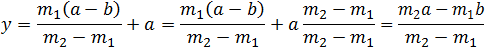 y=(m_1 (a-b))/(m_2-m_1 )+a=((y_2-y_1)/(x_2-x_1 )  (y_1-m_1 x_1-y_3+m_2 x_3 ))/((y_4-y_3)/(x_4-x_3 )-(y_2-y_1)/(x_2-x_1 ))+y_1-m_1 x_1