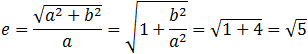 e=√(a^2+b^2 )/a=√(1+b^2/a^2 )=√(1+4)=√5