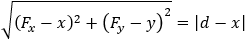 √((F_x-x)^2+(F_y-y)^2 )=|d-x|