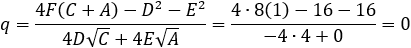 q=(4F(C+A)-D^2-E^2)/(4D√C+4E√A)=(4∙8(1)-16-16)/(-4∙4+0)=0