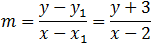 m=(y-y_1)/(x-x_1 )=(y+3)/(x-2)