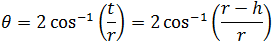 θ=2 cos^(-1)⁡(t/r)=2 cos^(-1)⁡((r-h)/r)