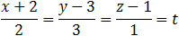 (x+2)/2=(y-3)/3=(z-1)/1=t