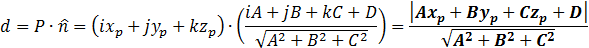 d=P∙n ̂=(ix_p+jy_p+kz_p )∙((iA+jB+kC)/√(A^2+B^2+C^2 ))=(Ax_p+By_p+Cz_p)/√(A^2+B^2+C^2 )